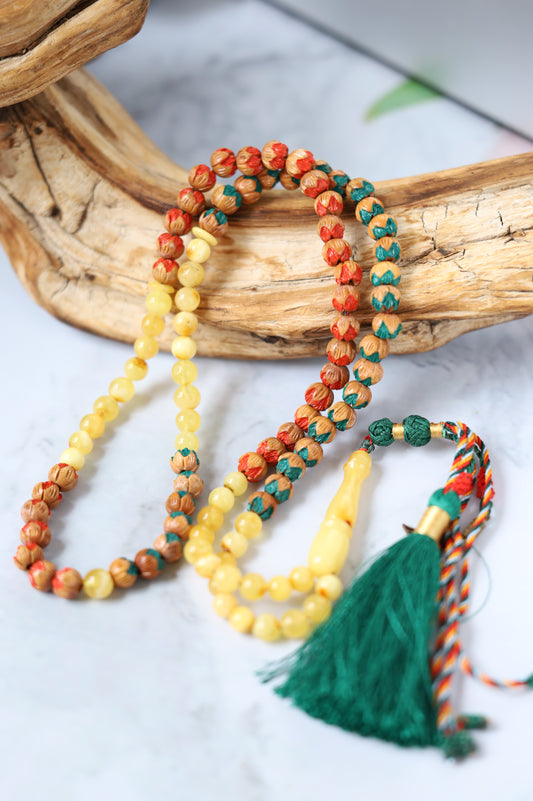 Handcarved Cherry Wood & Raw Multicolor Amber Rosary – 99 Beads