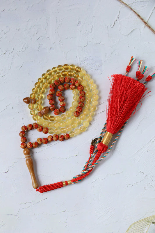 Kokka Seed, Cherry Wood & Citron Amber Micro Rosary – 99 Beads | Ultra-Light Daily Companion