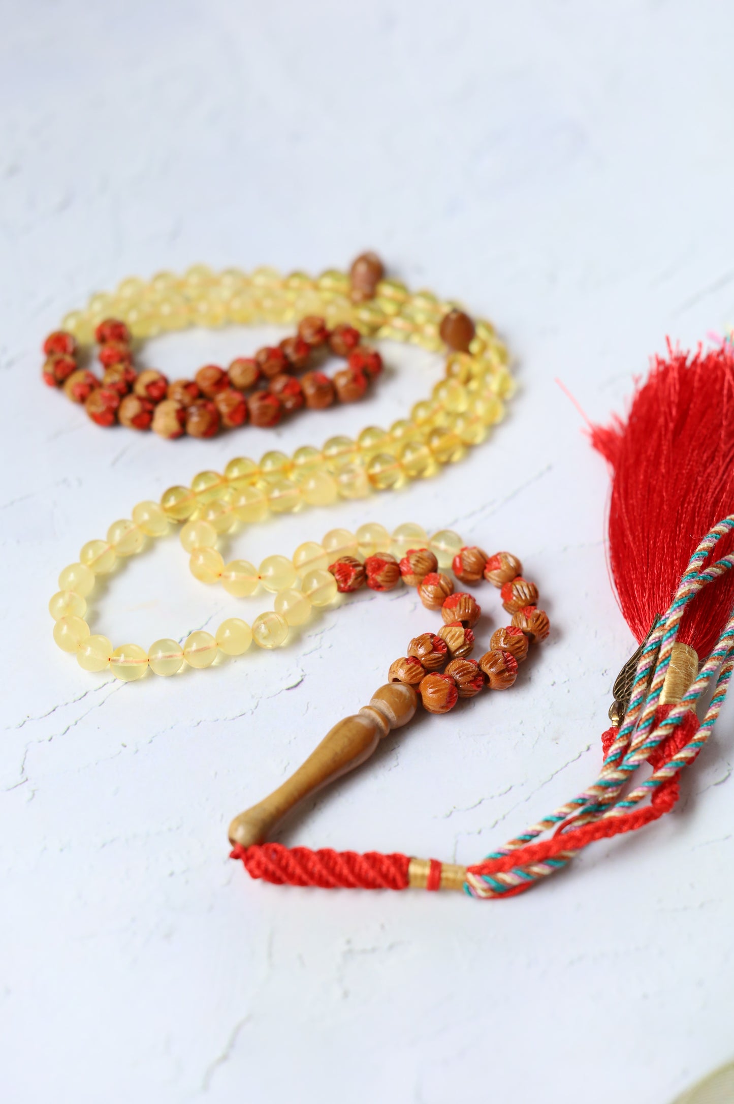 Kokka Seed, Cherry Wood & Citron Amber Micro Rosary – 99 Beads | Ultra-Light Daily Companion