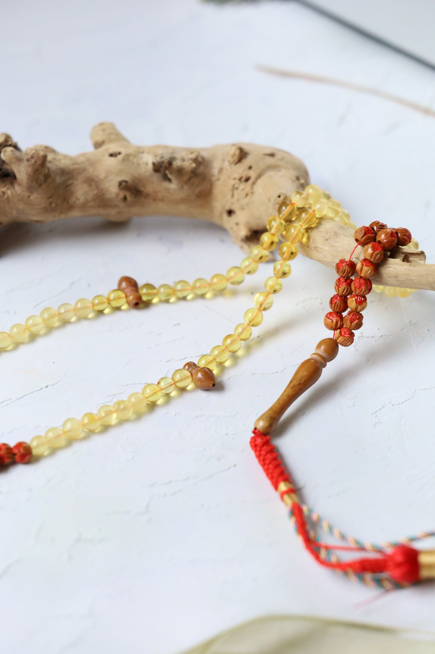 Kokka Seed, Cherry Wood & Citron Amber Micro Rosary – 99 Beads | Ultra-Light Daily Companion