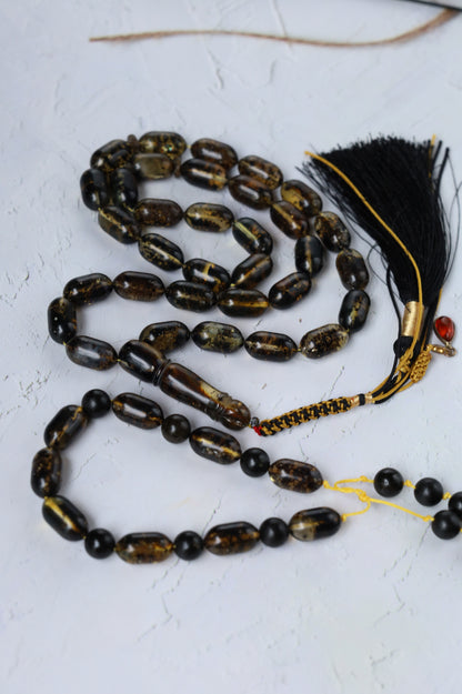 Raw Citron & Dark Brown Amber Set – 33 Beads Rosary + Amber Bracelet | Lightweight Outdoor Set