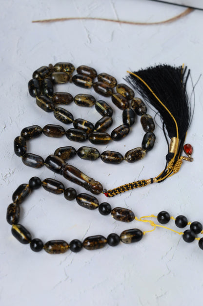 Raw Citron & Dark Brown Amber Set – 33 Beads Rosary + Amber Bracelet | Lightweight Outdoor Set