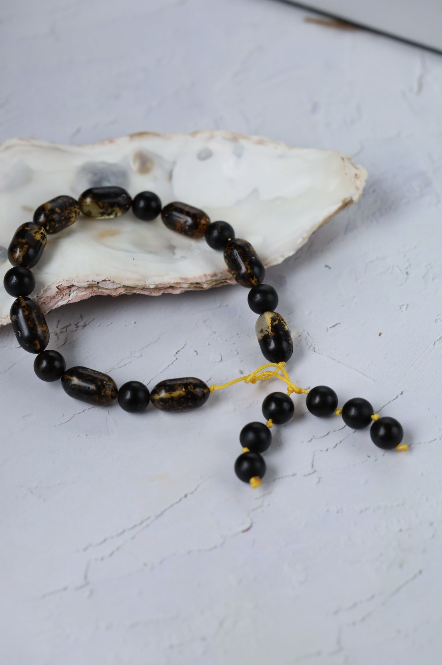 Raw Citron & Dark Brown Amber Set – 33 Beads Rosary + Amber Bracelet | Lightweight Outdoor Set