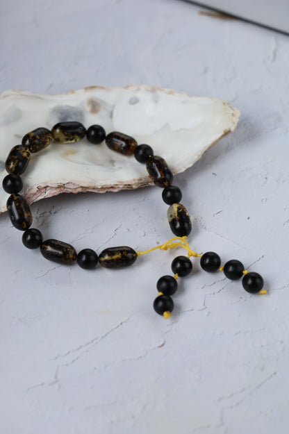 Raw Citron & Dark Brown Amber Set – 33 Beads Rosary + Amber Bracelet | Lightweight Outdoor Set