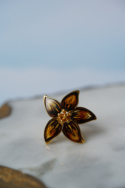 Flower Shaped Cognac Amber Ring With Gold Plated Silver Frame