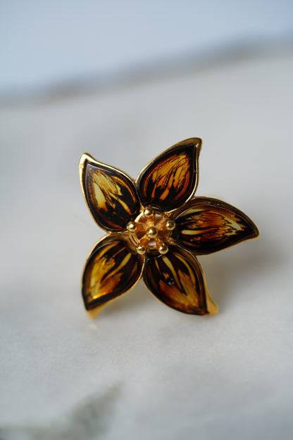 Flower Shaped Cognac Amber Ring With Gold Plated Silver Frame