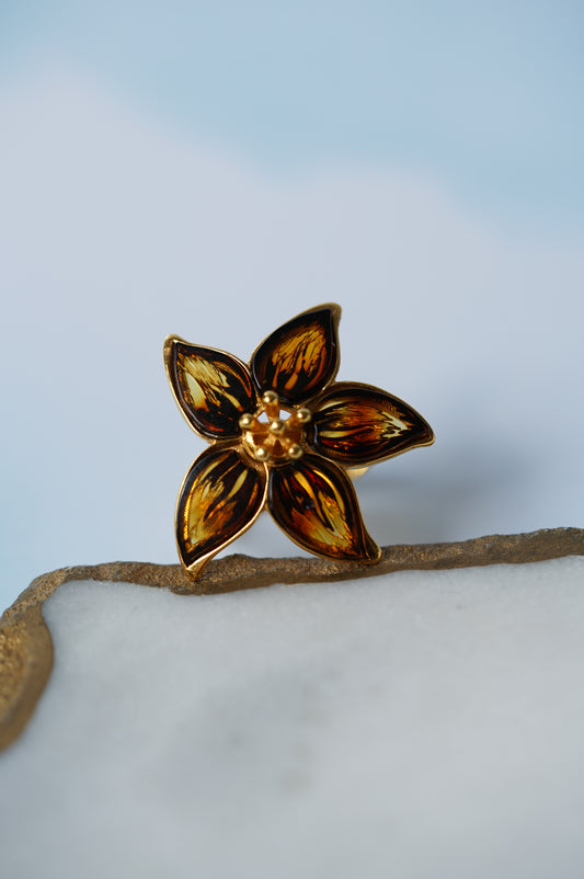 Flower Shaped Cognac Amber Ring With Gold Plated Silver Frame