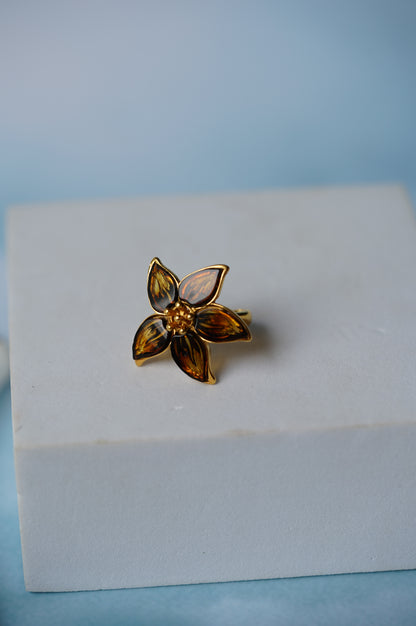 Flower Shaped Cognac Amber Ring With Gold Plated Silver Frame