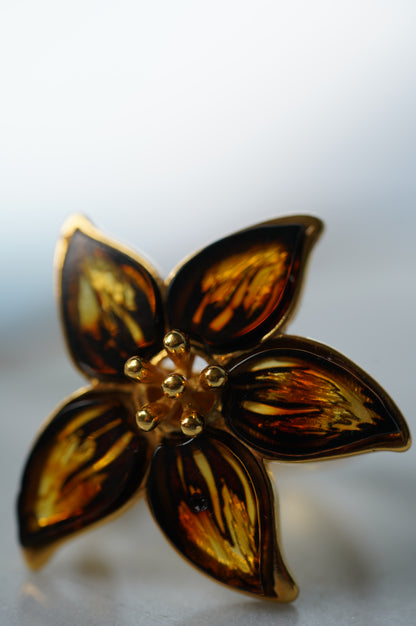 Flower Shaped Cognac Amber Ring With Gold Plated Silver Frame