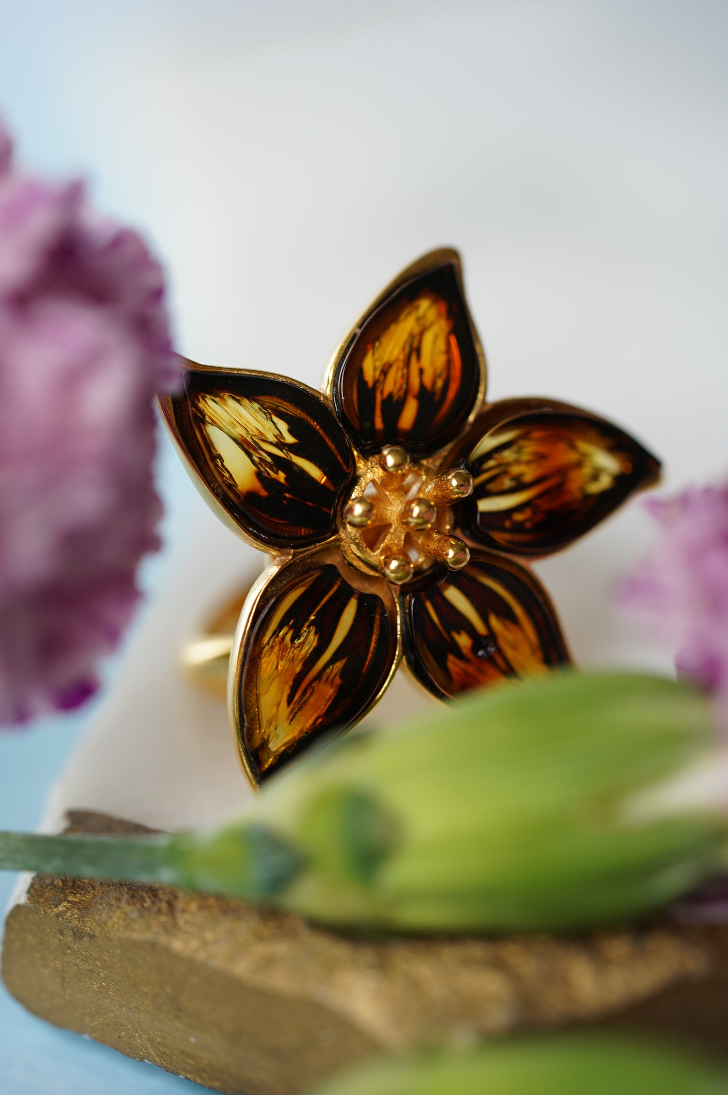 Flower Shaped Cognac Amber Ring With Gold Plated Silver Frame