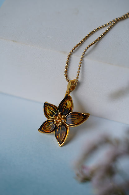 Flower Shaped Cognac Amber Pendant With Gold Plated Silver Frame