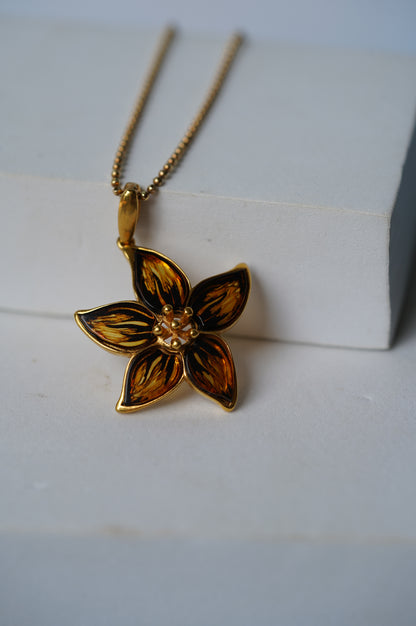 Flower Shaped Cognac Amber Pendant With Gold Plated Silver Frame