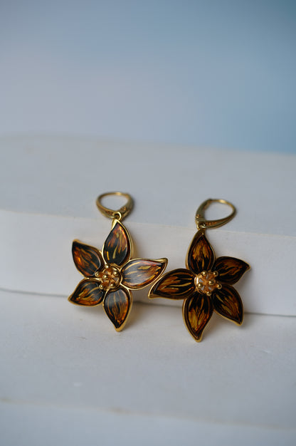 Flower Shaped Dangling Cognac Amber Earrings With Gold Plated Silver Frame