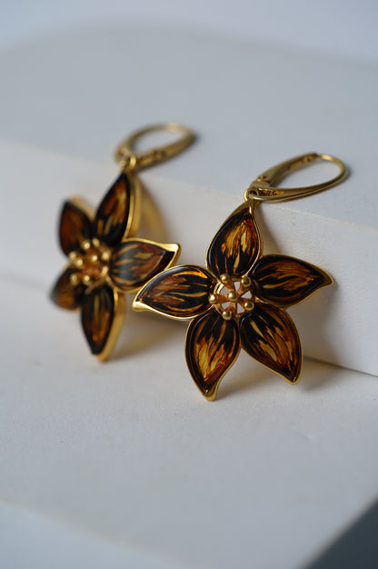 Flower Shaped Dangling Cognac Amber Earrings With Gold Plated Silver Frame