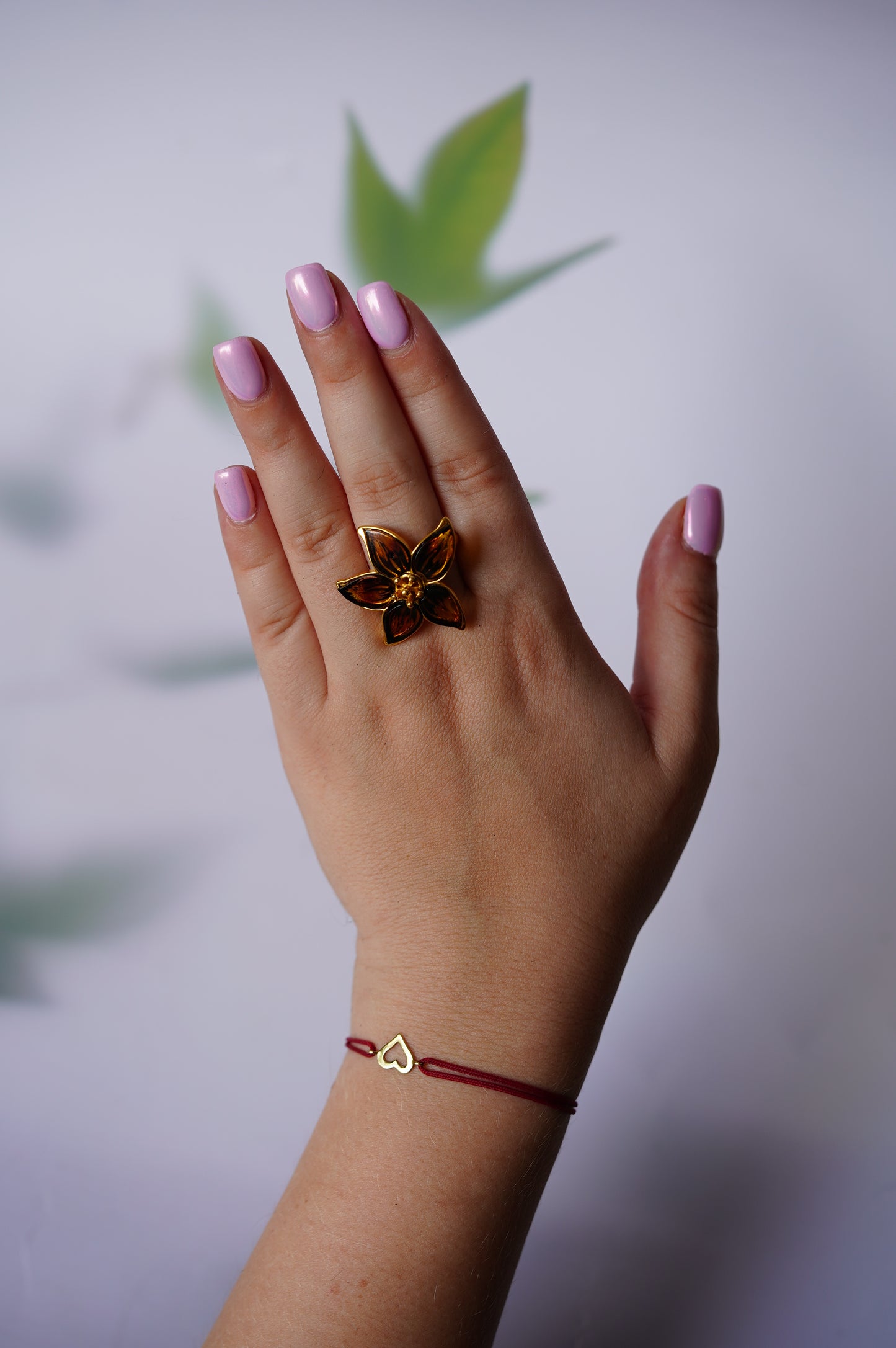 Flower Shaped Cognac Amber Ring With Gold Plated Silver Frame