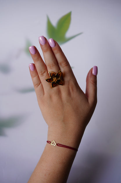 Flower Shaped Cognac Amber Ring With Gold Plated Silver Frame