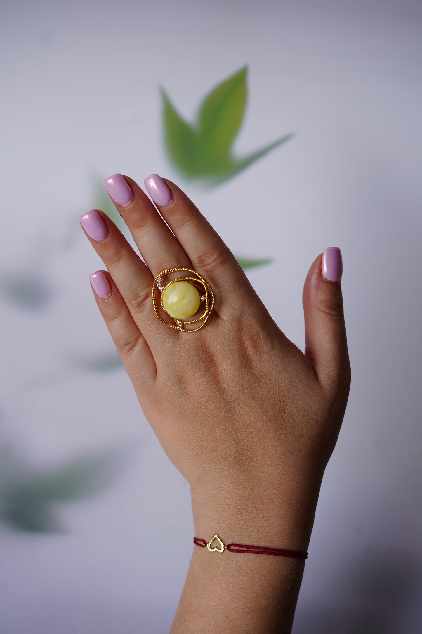 Delicate Round Irregular Royal White Amber Ring with Cubic Zirconias in Gold Plated Silver