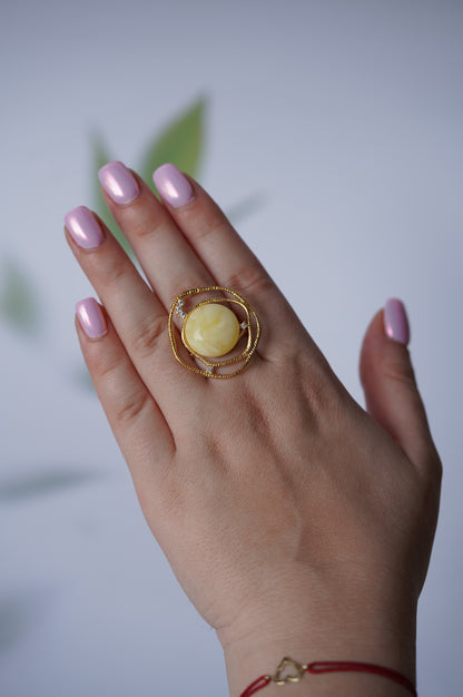 Delicate Round Irregular Royal White Amber Ring with Cubic Zirconias in Gold Plated Silver