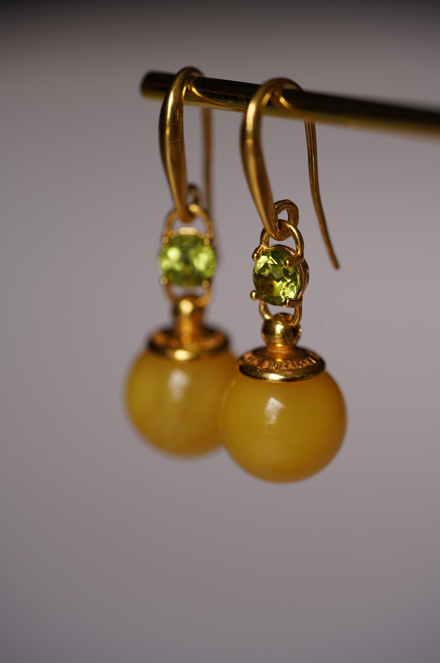 Round Butterscotch Dangling Earrings in Gold Plated Silver and Peridot