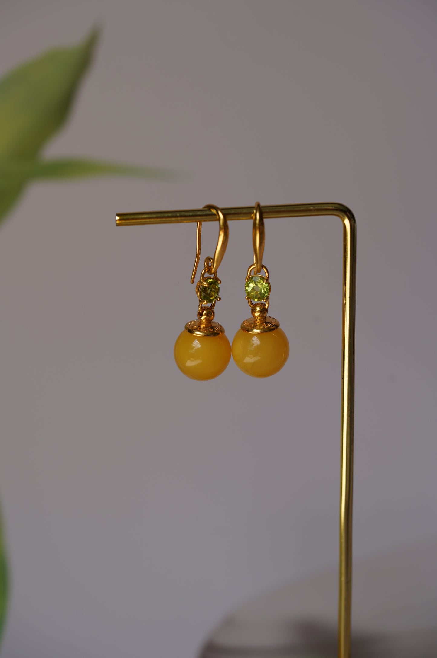 Round Butterscotch Dangling Earrings in Gold Plated Silver and Peridot