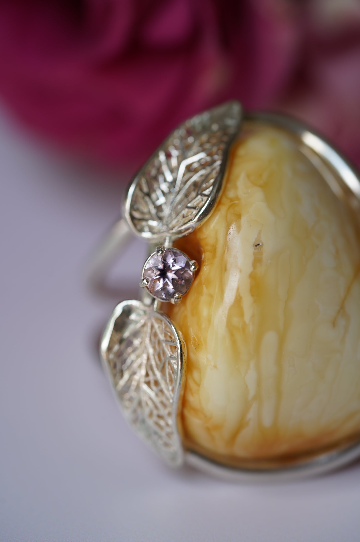 Irregular Royal White Amber Ring With Silver Frame And Amethyst