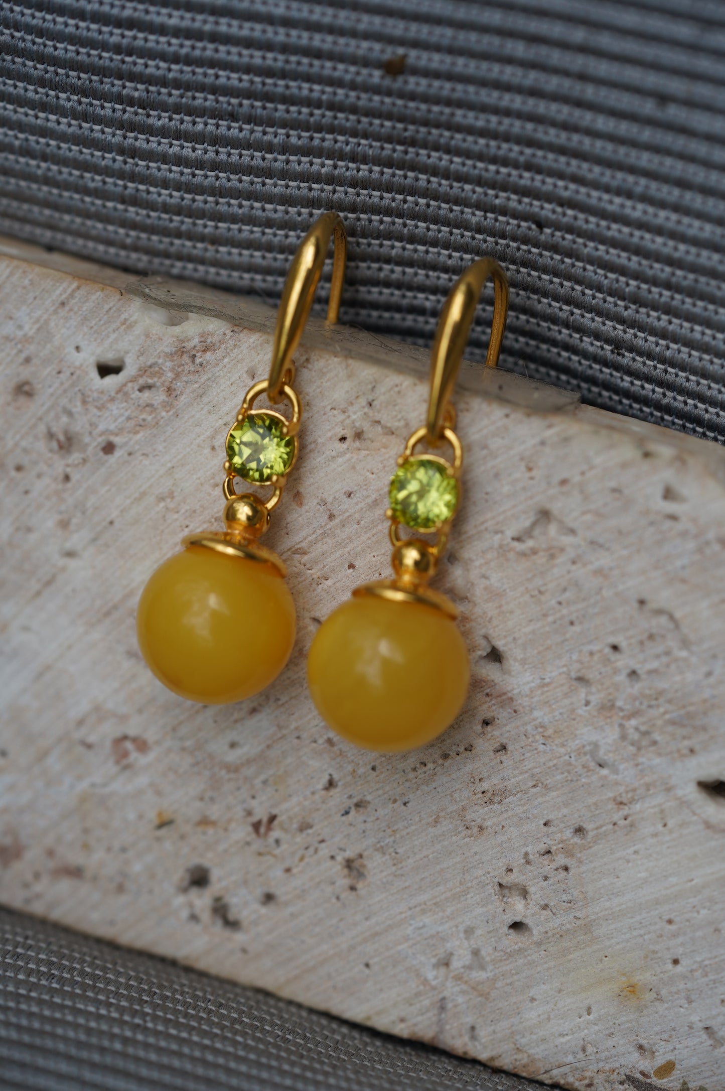 Round Butterscotch Dangling Earrings in Gold Plated Silver and Peridot