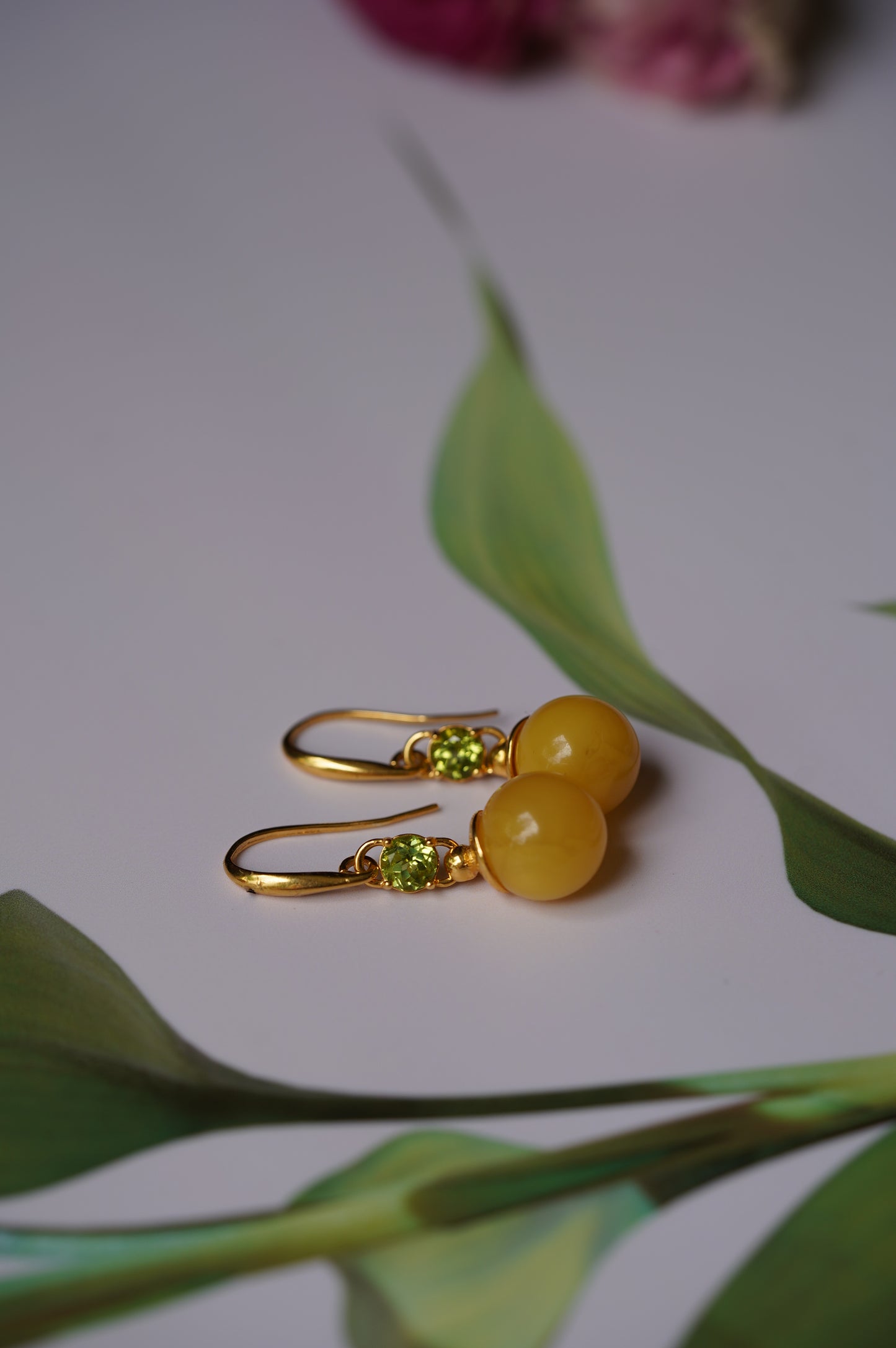 Round Butterscotch Dangling Earrings in Gold Plated Silver and Peridot