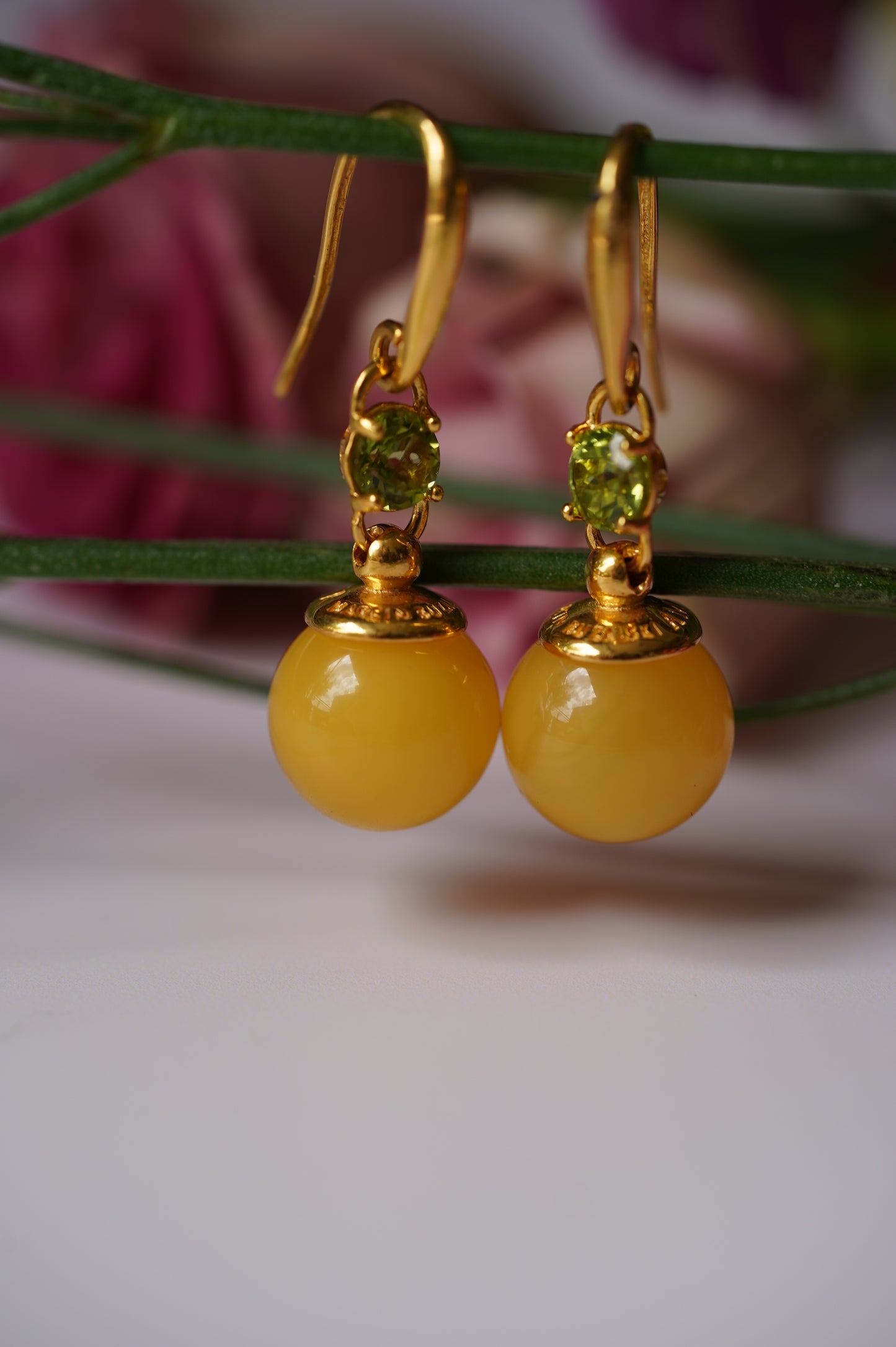 Round Butterscotch Dangling Earrings in Gold Plated Silver and Peridot