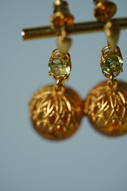 Round Cognac Stud Dangling Earrings in Gold Plated Silver and Peridote