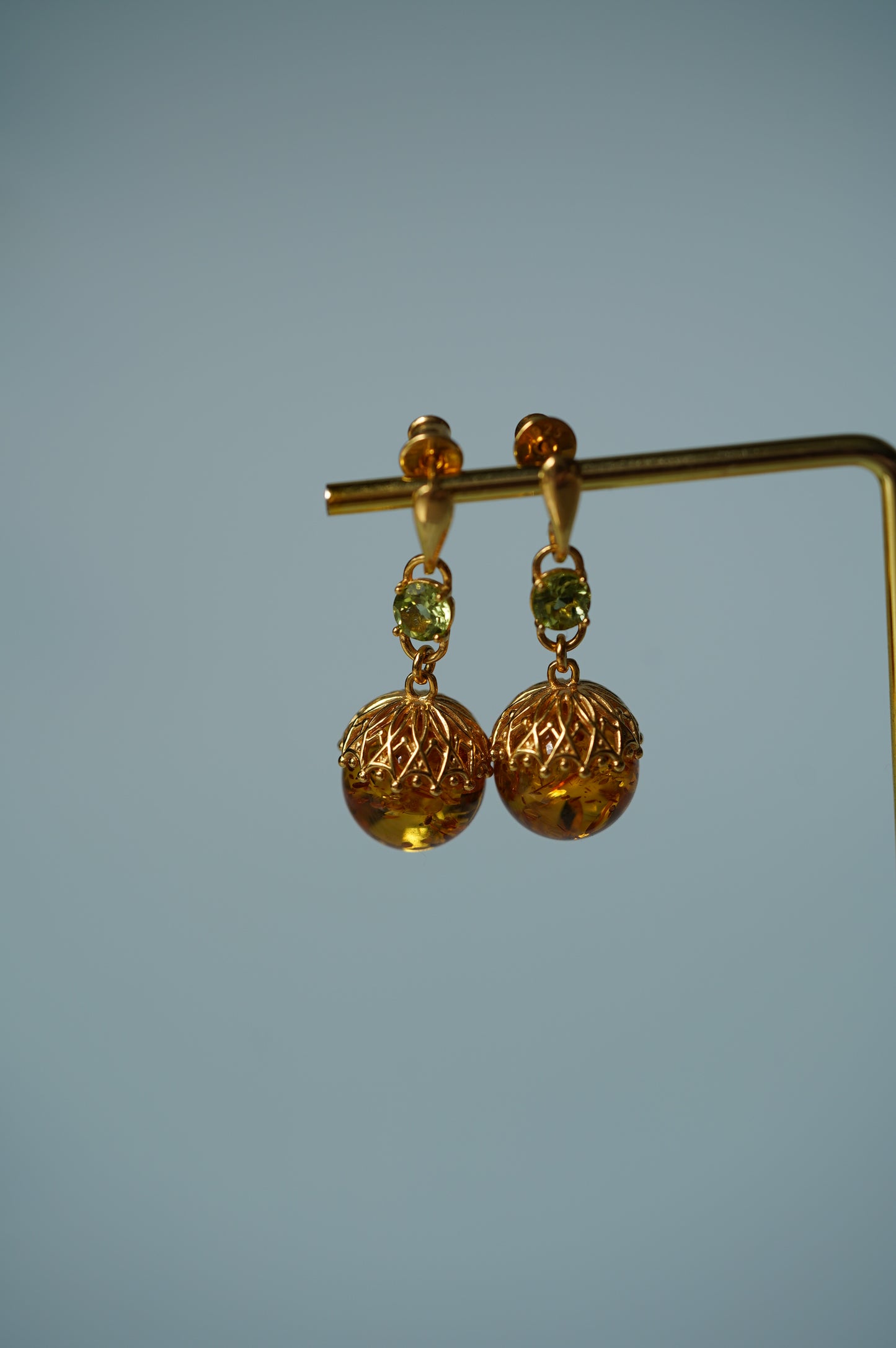 Round Cognac Stud Dangling Earrings in Gold Plated Silver and Peridote