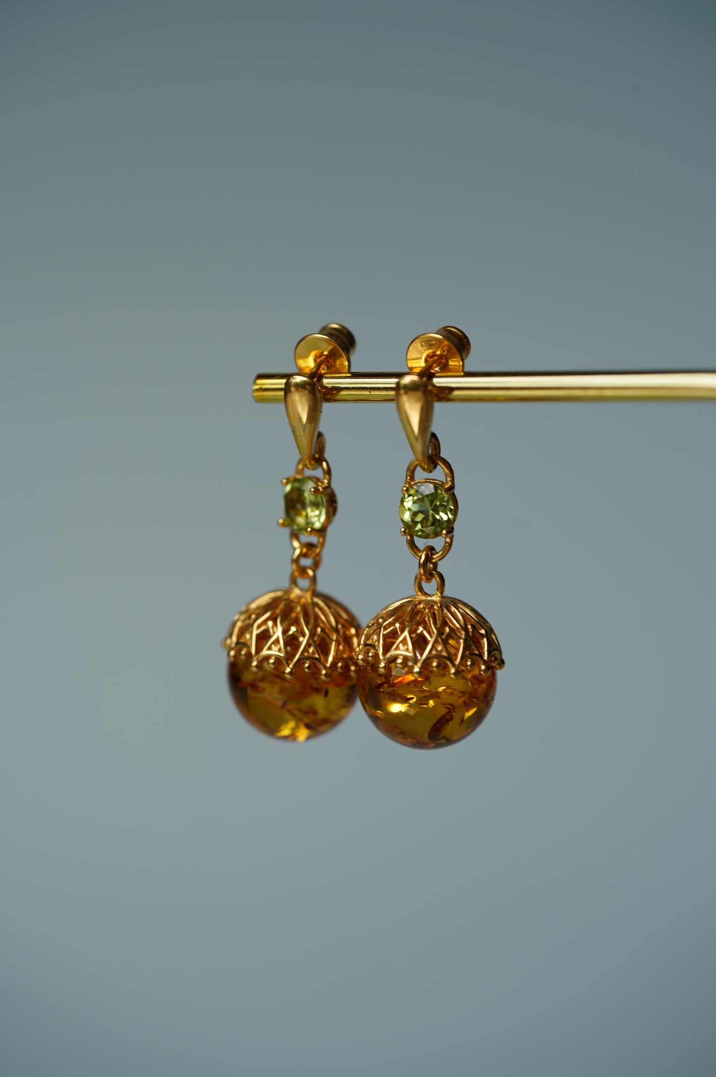 Round Cognac Stud Dangling Earrings in Gold Plated Silver and Peridote