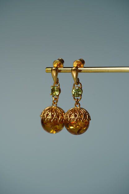 Round Cognac Stud Dangling Earrings in Gold Plated Silver and Peridote