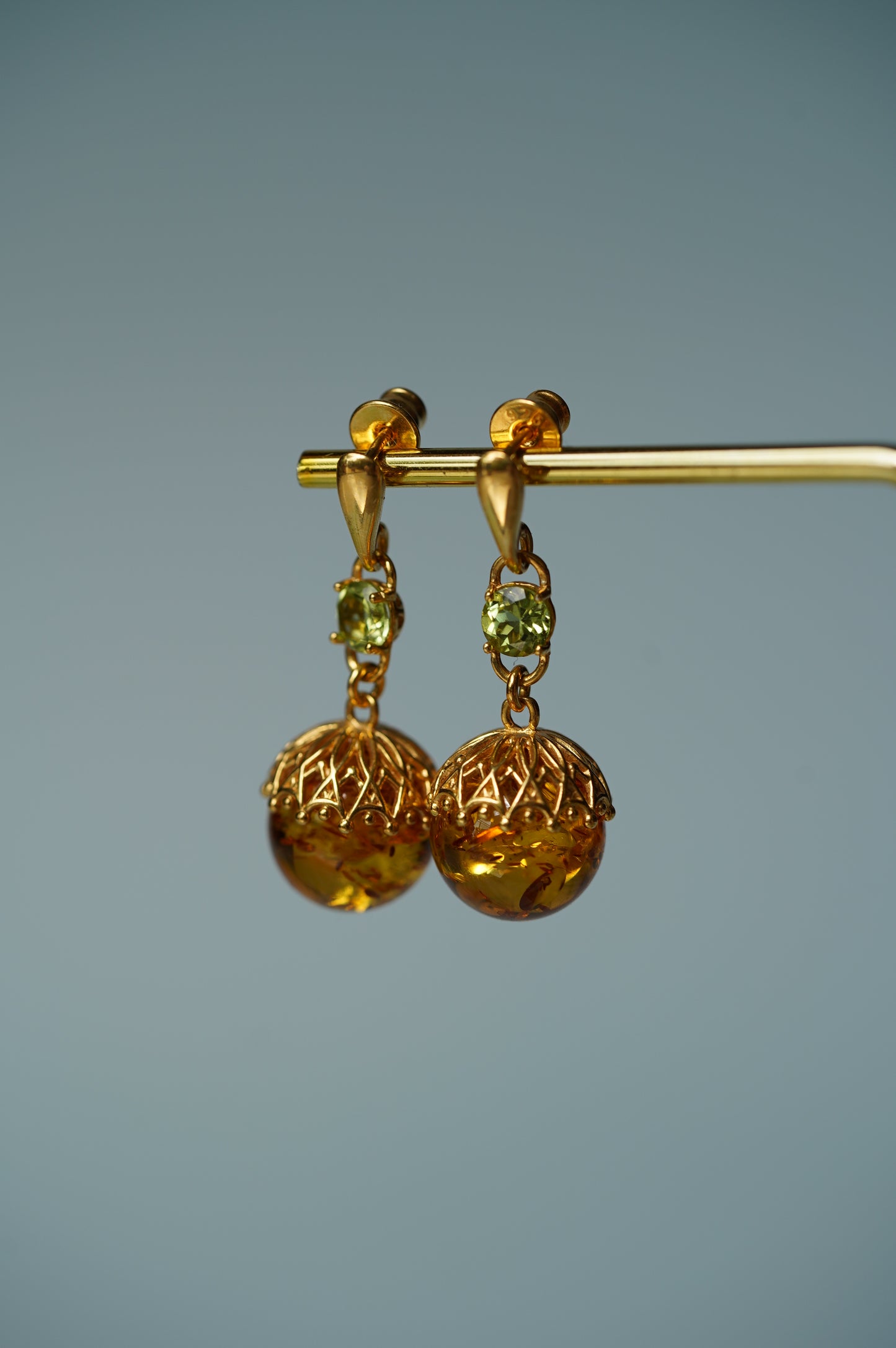 Round Cognac Stud Dangling Earrings in Gold Plated Silver and Peridote