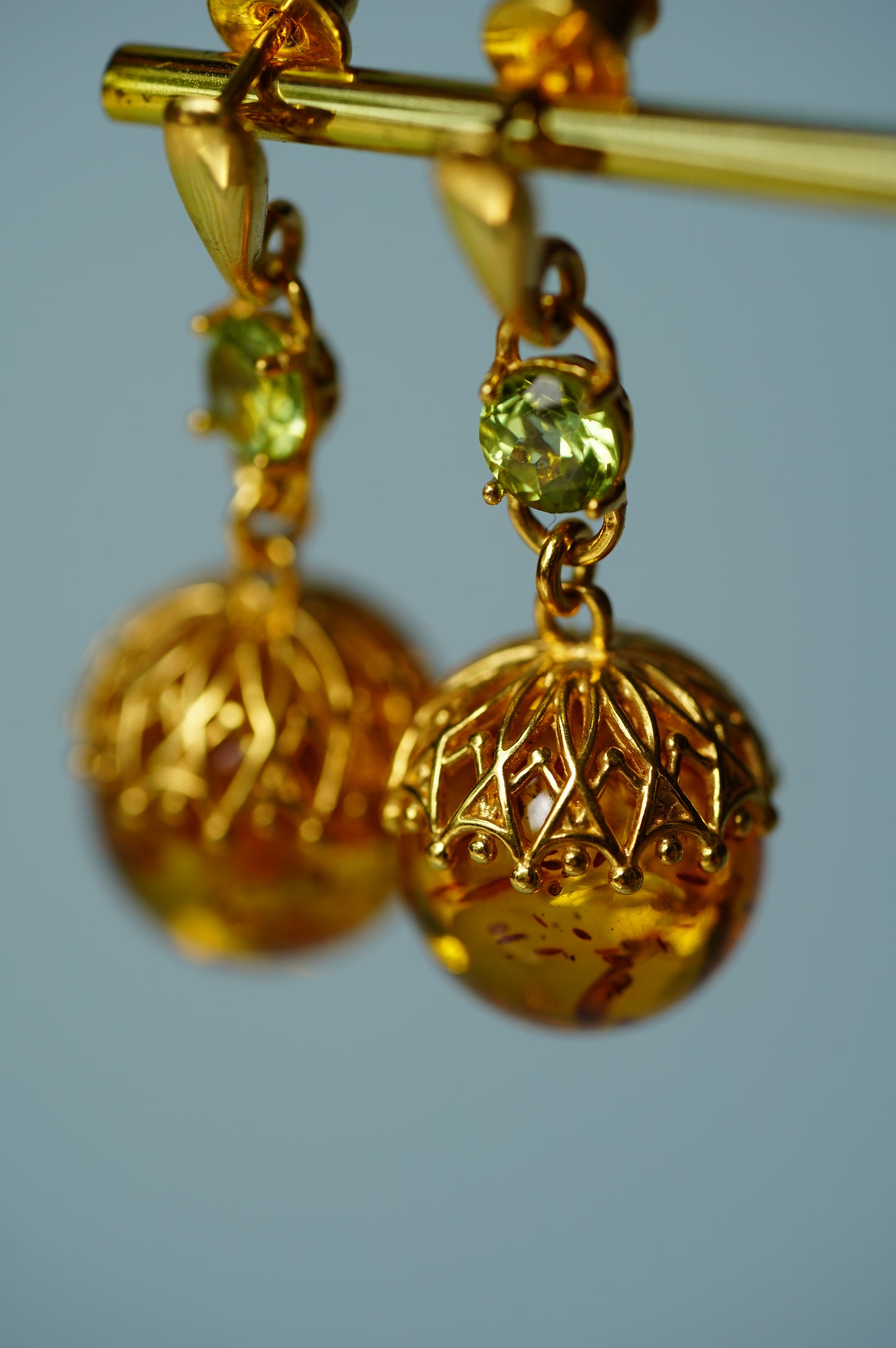 Round Cognac Stud Dangling Earrings in Gold Plated Silver and Peridote