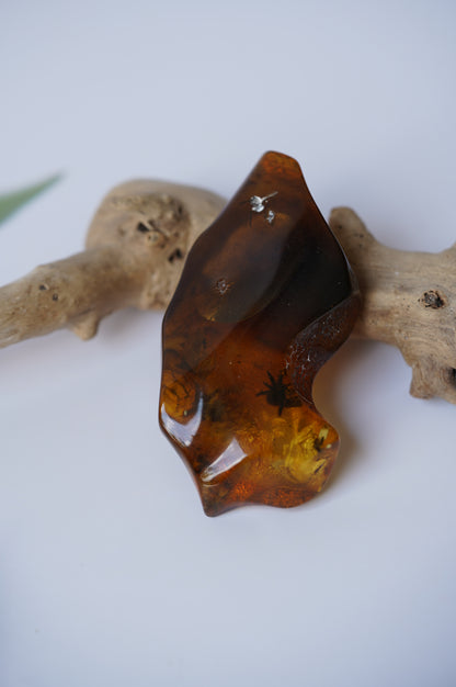 Unique Amber Piece with Multiple Insects Inclusions: 2 spiders and 2 flies