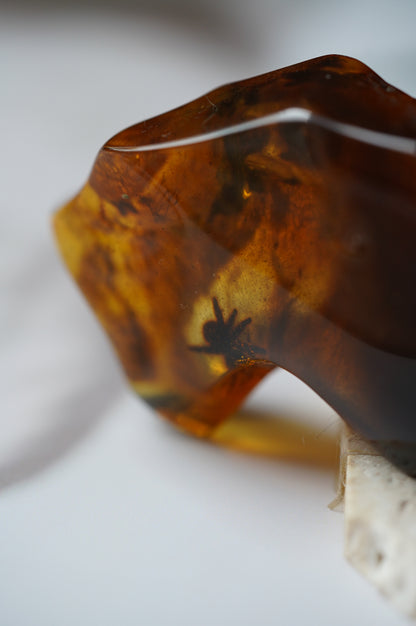 Unique Amber Piece with Multiple Insects Inclusions: 2 spiders and 2 flies