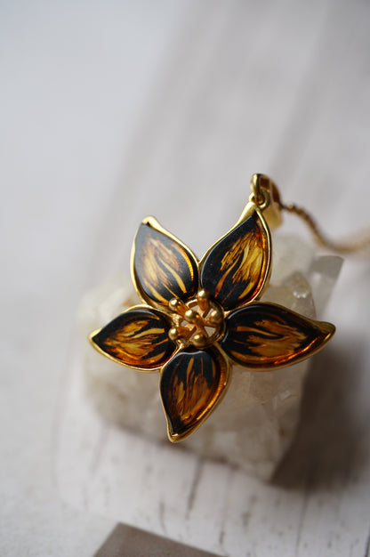 Flower Shaped Cognac Amber Pendant With Gold Plated Silver Frame