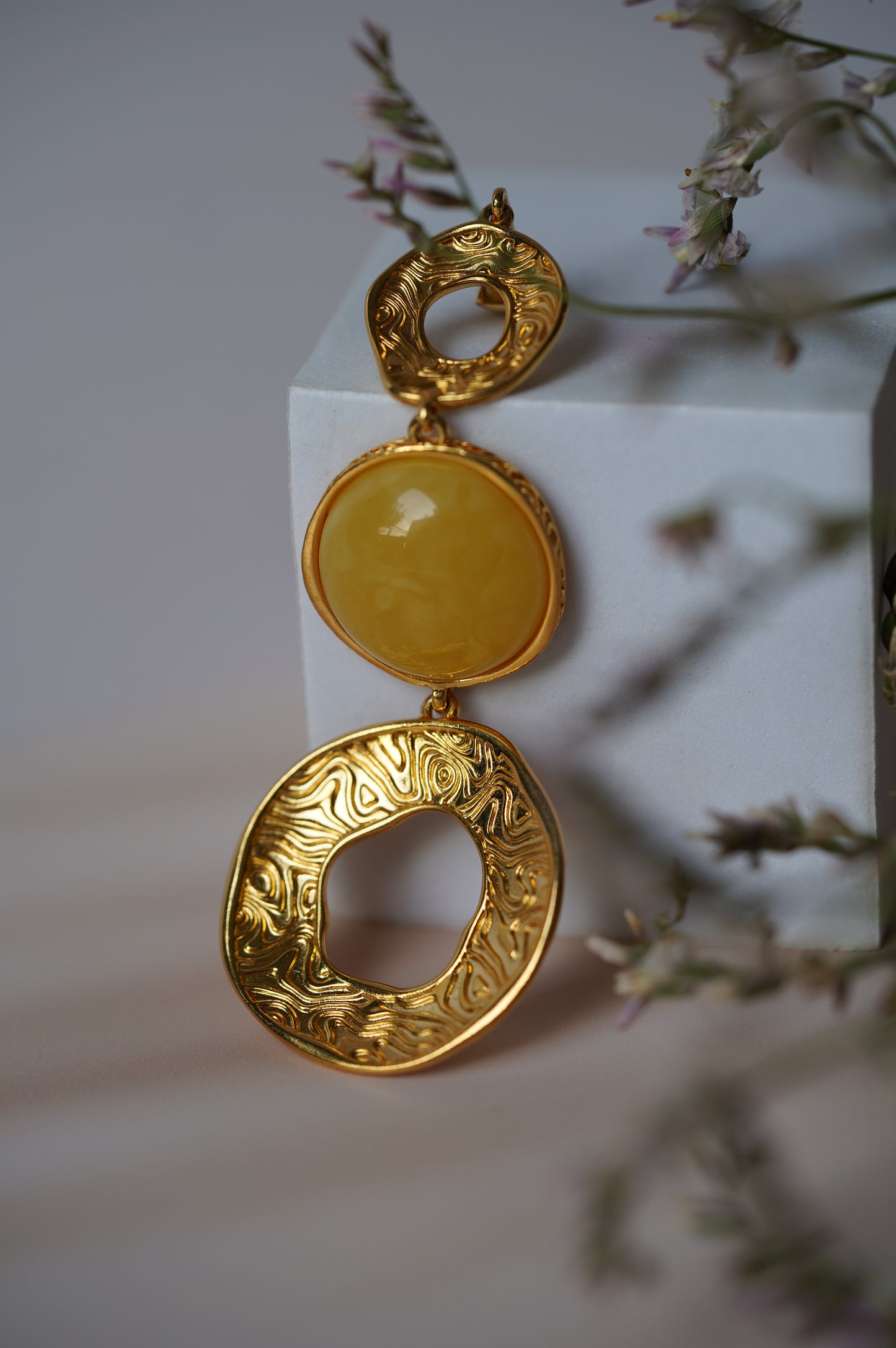 3 Parts Round Milk Amber and Gold Plated Silver Pendant