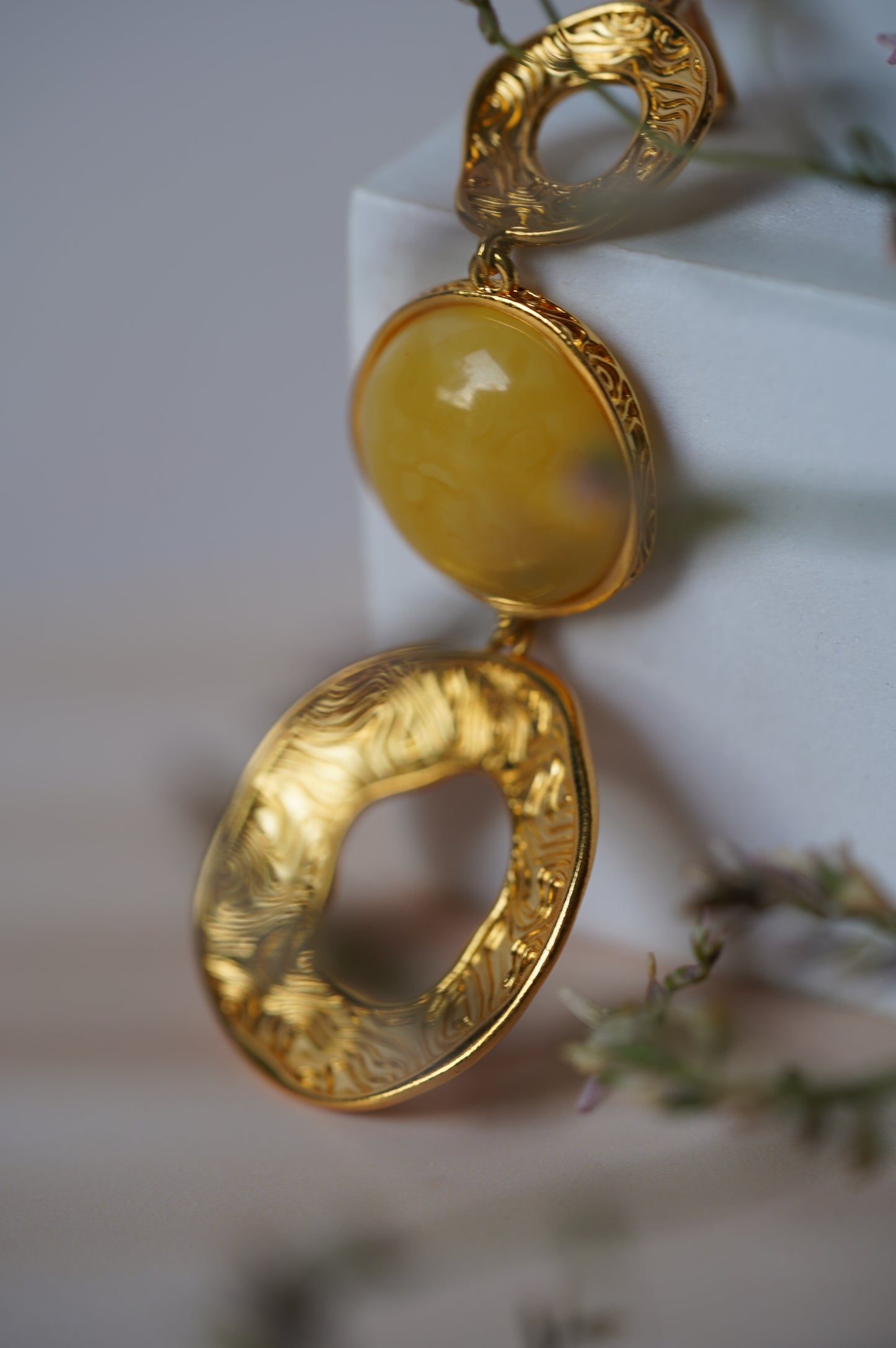 3 Parts Round Milk Amber and Gold Plated Silver Pendant