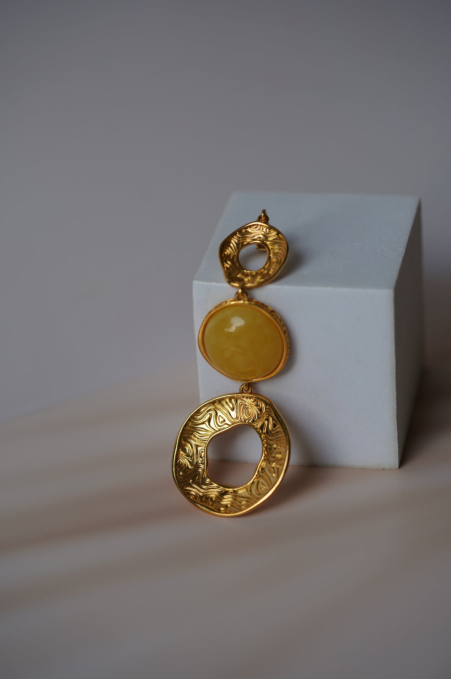 3 Parts Round Milk Amber and Gold Plated Silver Pendant