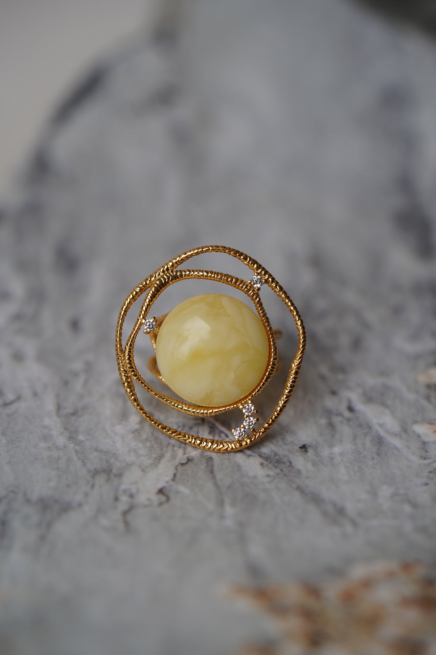 Delicate Round Irregular Royal White Amber Ring with Cubic Zirconias in Gold Plated Silver