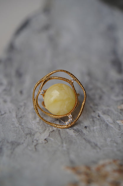 Delicate Round Irregular Royal White Amber Ring with Cubic Zirconias in Gold Plated Silver