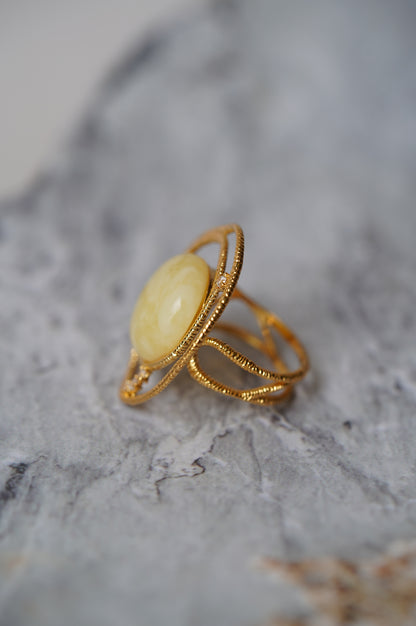 Delicate Round Irregular Royal White Amber Ring with Cubic Zirconias in Gold Plated Silver