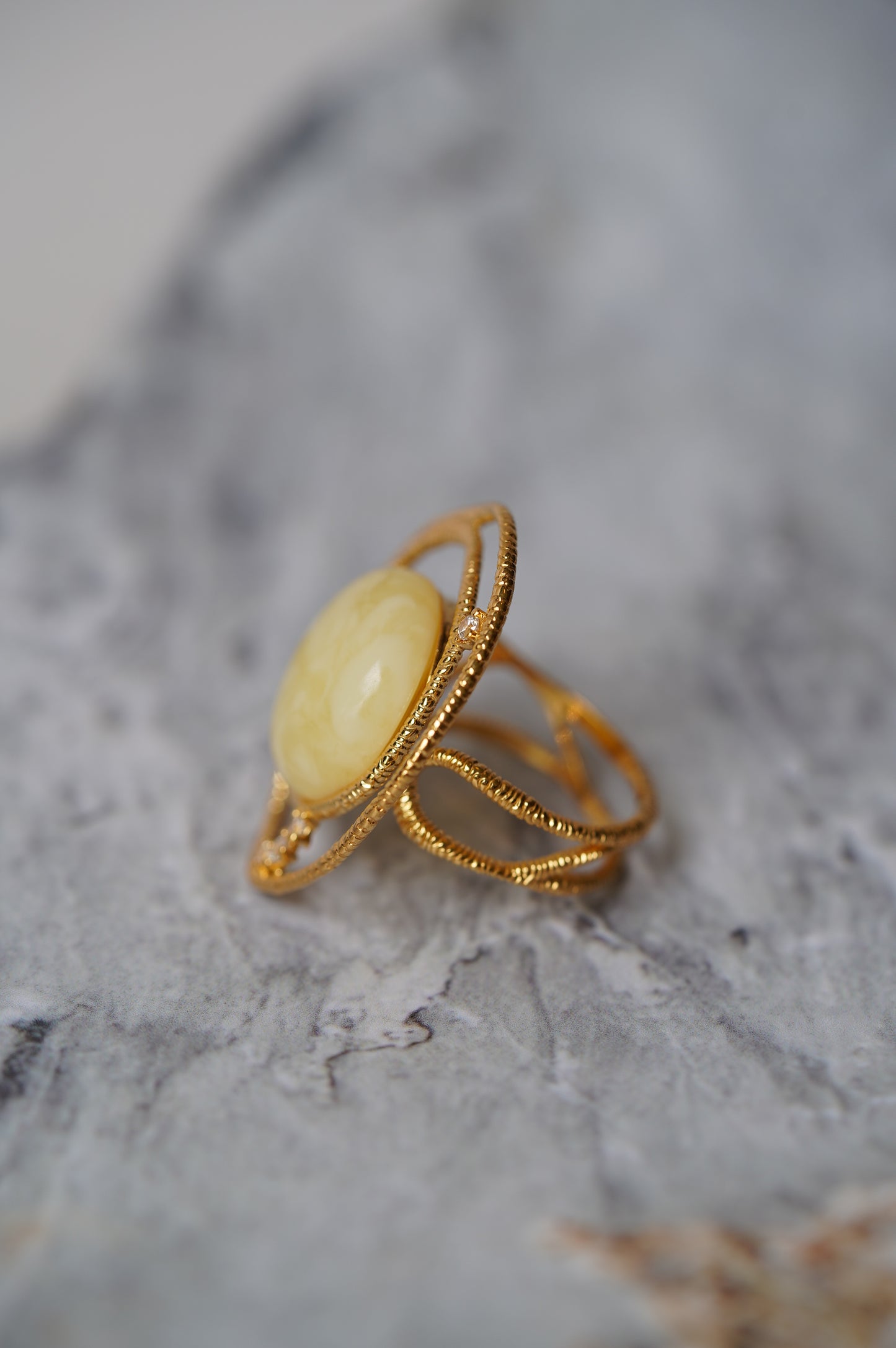 Delicate Round Irregular Royal White Amber Ring with Cubic Zirconias in Gold Plated Silver