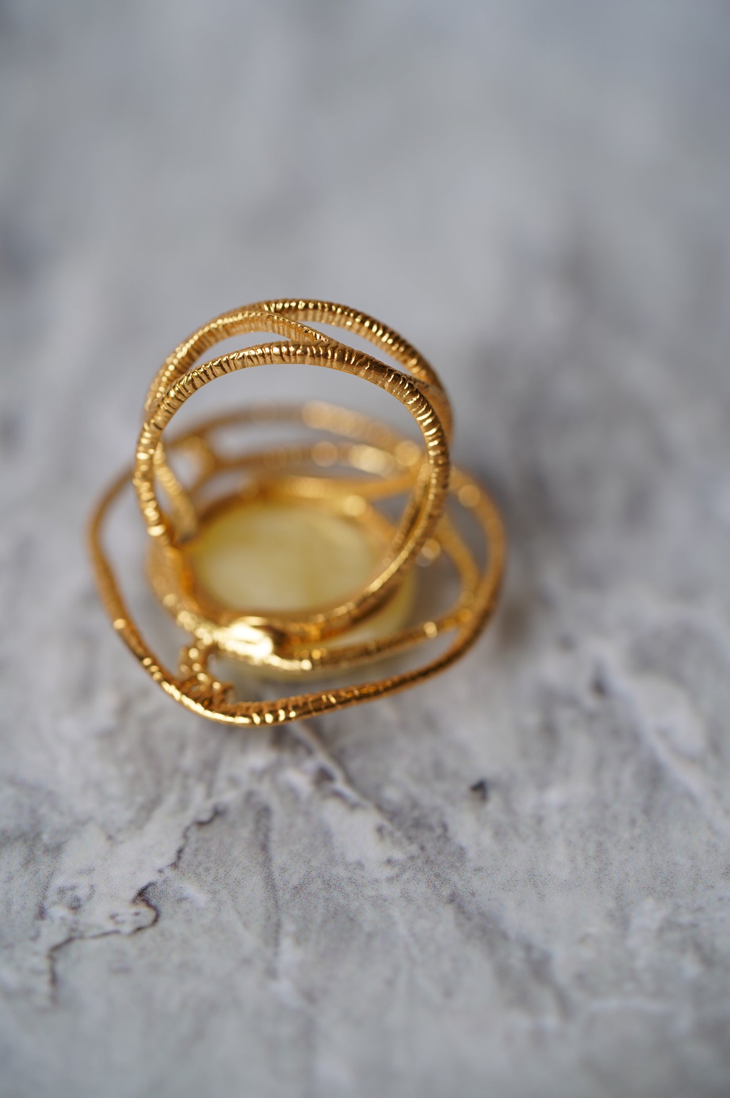 Delicate Round Irregular Royal White Amber Ring with Cubic Zirconias in Gold Plated Silver