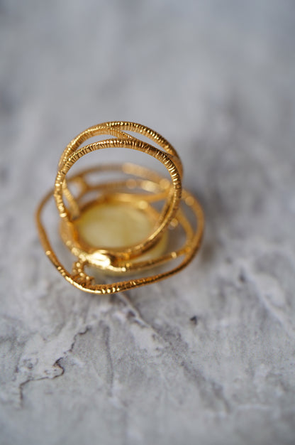 Delicate Round Irregular Royal White Amber Ring with Cubic Zirconias in Gold Plated Silver