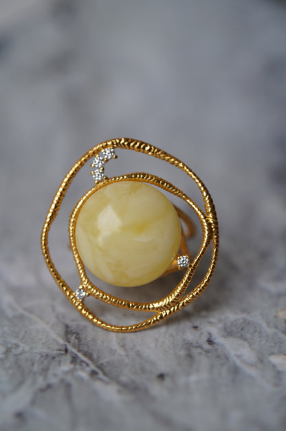 Delicate Round Irregular Royal White Amber Ring with Cubic Zirconias in Gold Plated Silver