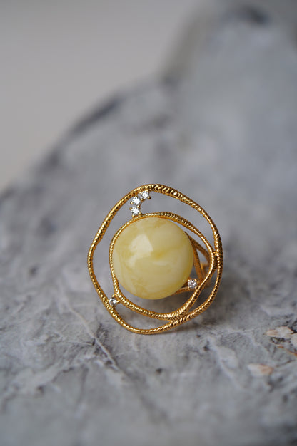 Delicate Round Irregular Royal White Amber Ring with Cubic Zirconias in Gold Plated Silver