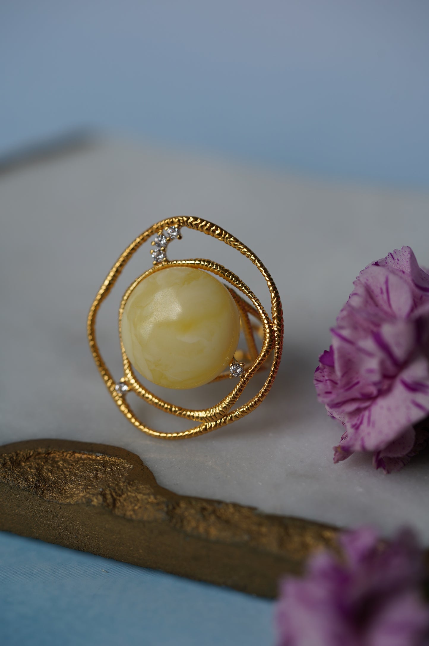 Delicate Round Irregular Royal White Amber Ring with Cubic Zirconias in Gold Plated Silver