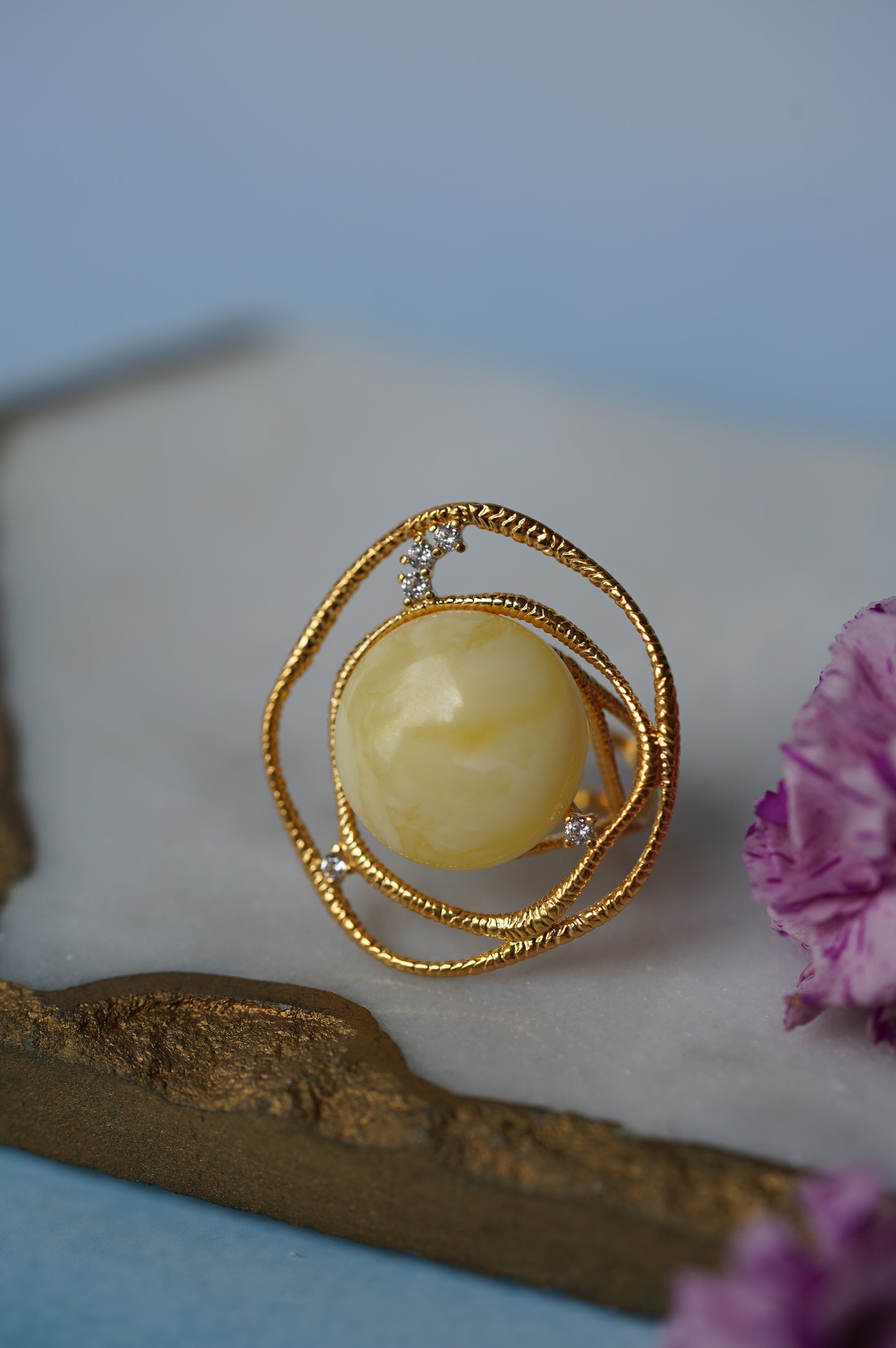 Delicate Round Irregular Royal White Amber Ring with Cubic Zirconias in Gold Plated Silver